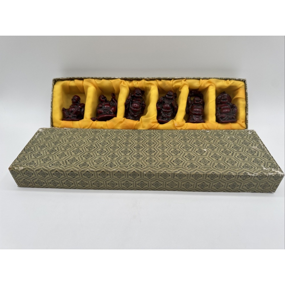 Vintage Set of 6 Laughing Buddha Hotei Resin Figurines Maroon Red w/ Box